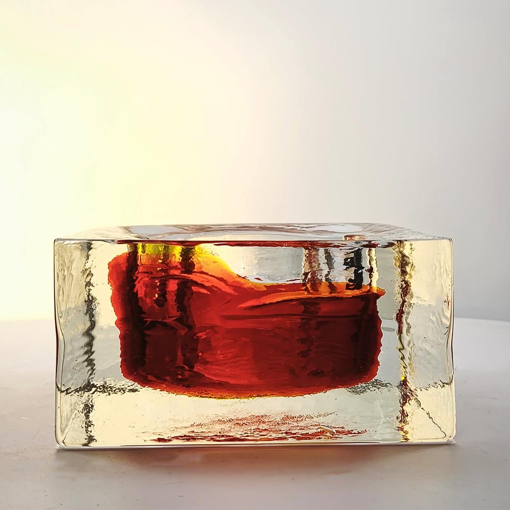 1960s Big Square Ashtray in Uranium Handcrafted Murano Glass by Mandruzzato with ice-cube effect.