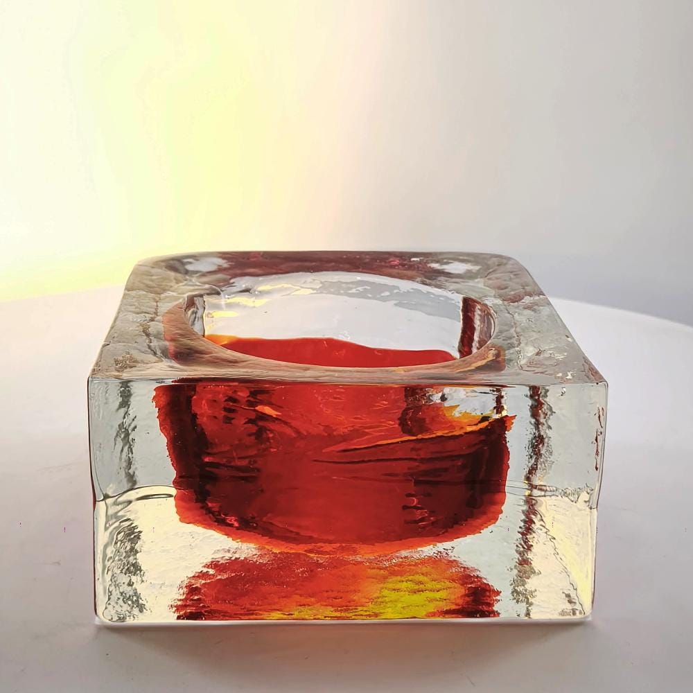 1960s Big Square Ashtray in Uranium Handcrafted Murano Glass by Mandruzzato with ice-cube effect.