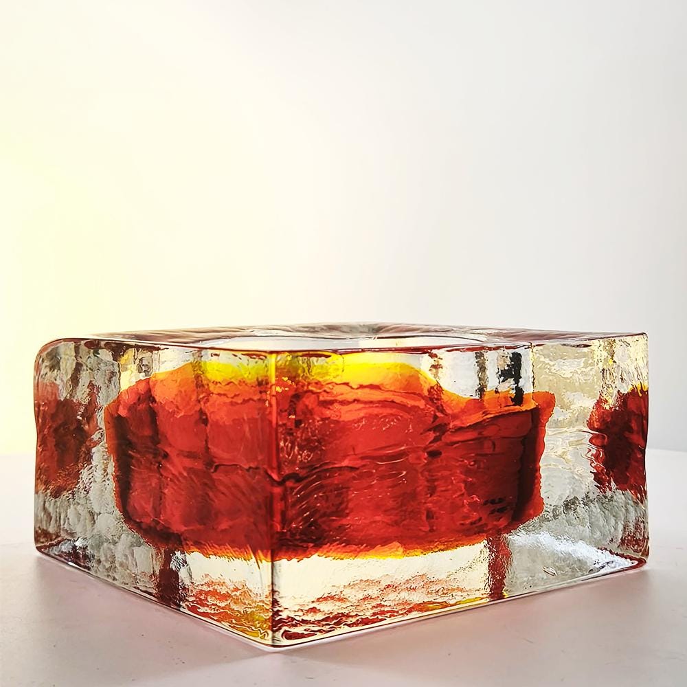 1960s Big Square Ashtray in Uranium Handcrafted Murano Glass by Mandruzzato with ice-cube effect.