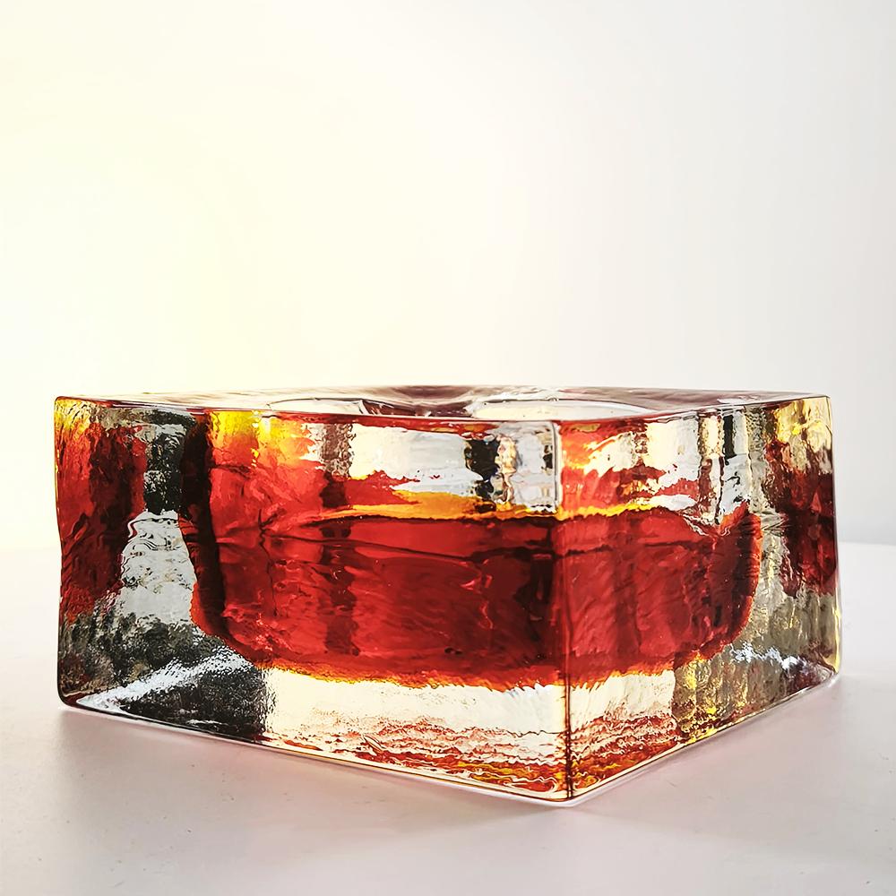 1960s Big Square Ashtray in Uranium Handcrafted Murano Glass by Mandruzzato with ice-cube effect.