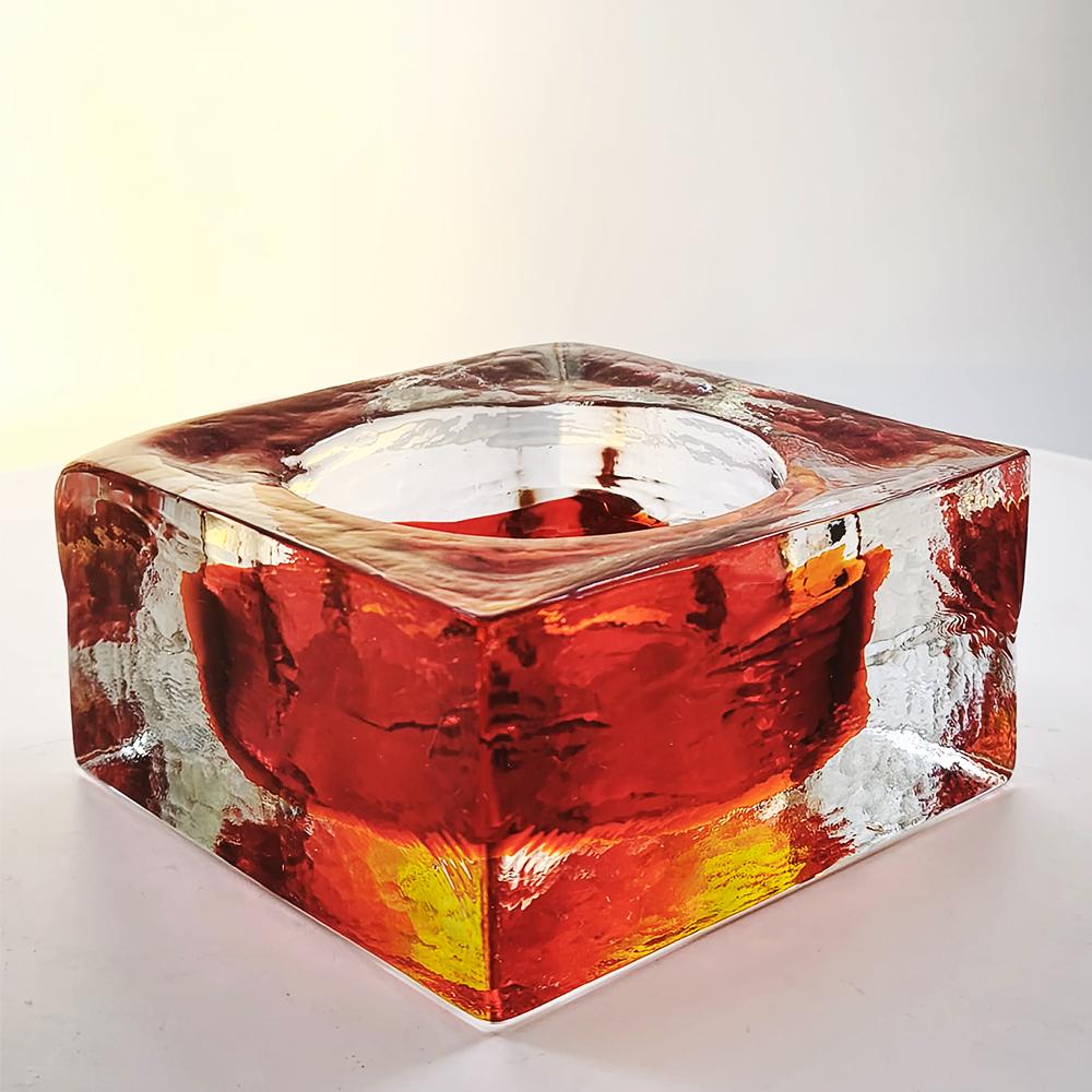1960s Big Square Ashtray in Uranium Handcrafted Murano Glass by Mandruzzato with ice-cube effect.