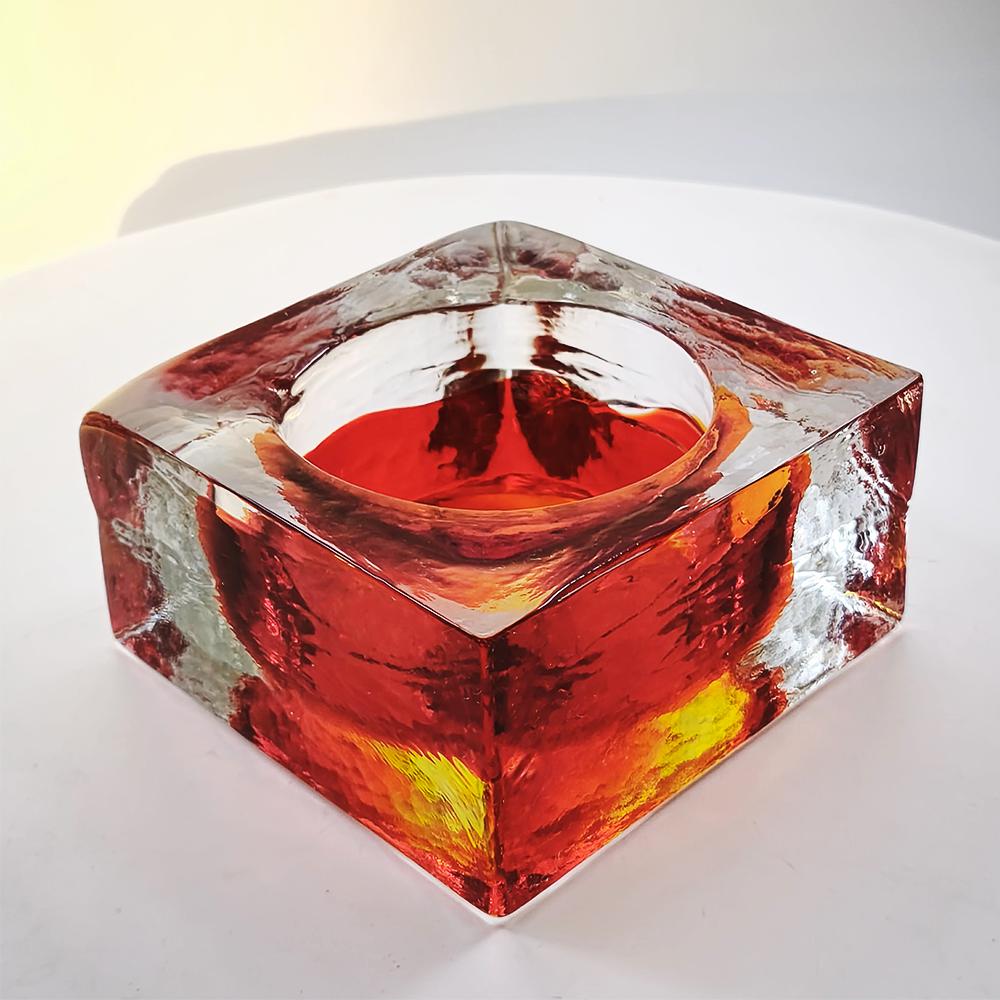 1960s Big Square Ashtray in Uranium Handcrafted Murano Glass by Mandruzzato with ice-cube effect.
