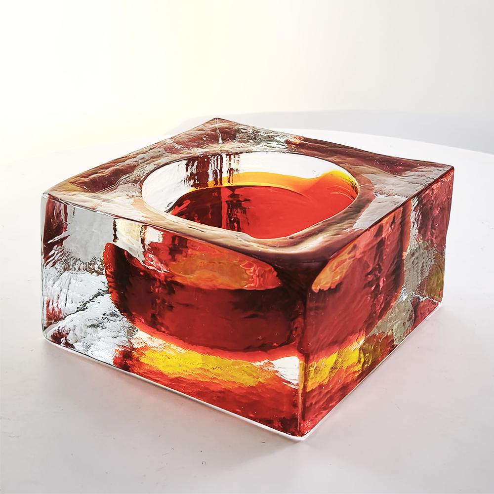 1960s Big Square Ashtray in Uranium Handcrafted Murano Glass by Mandruzzato with ice-cube effect.