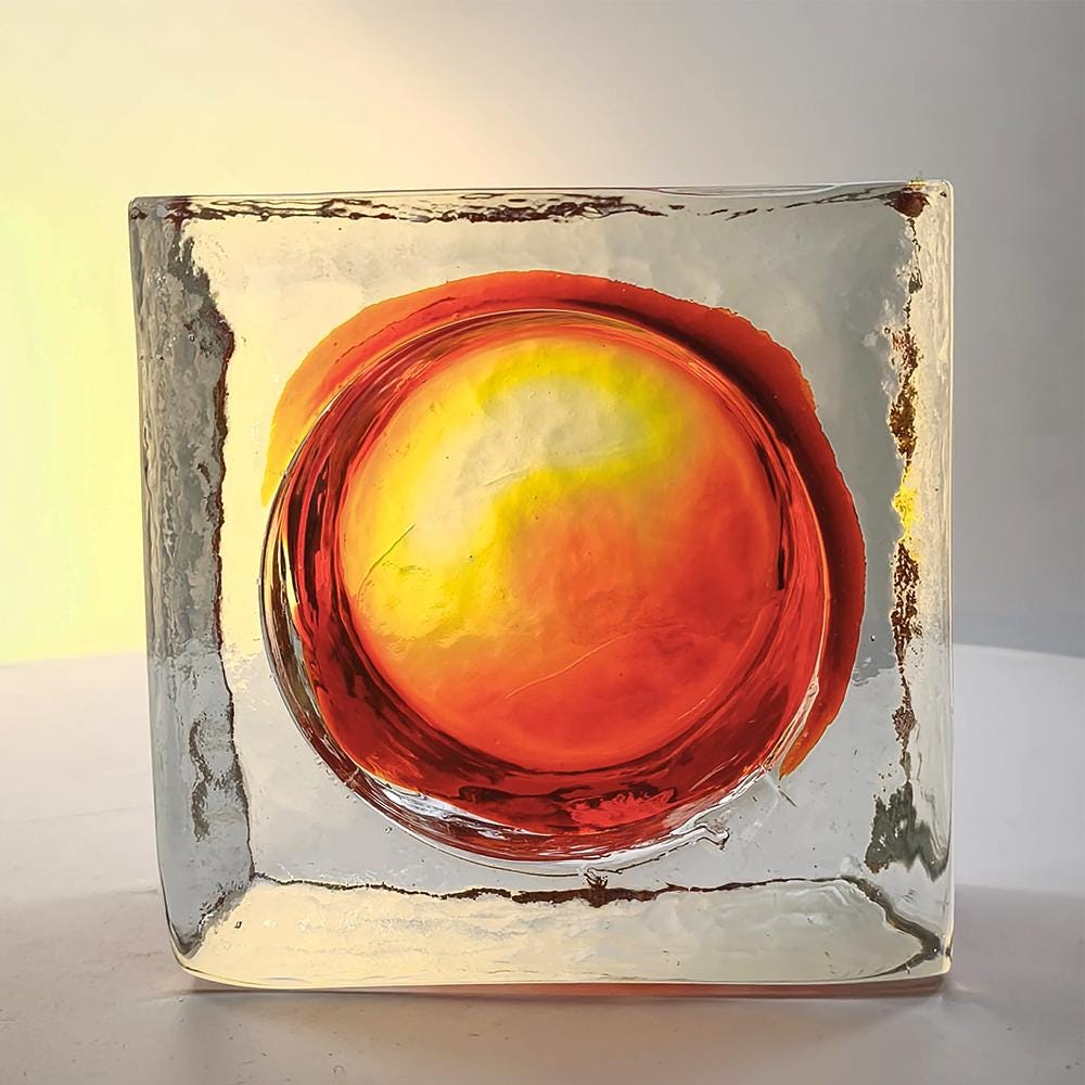 1960s Big Square Ashtray in Uranium Handcrafted Murano Glass by Mandruzzato with ice-cube effect.