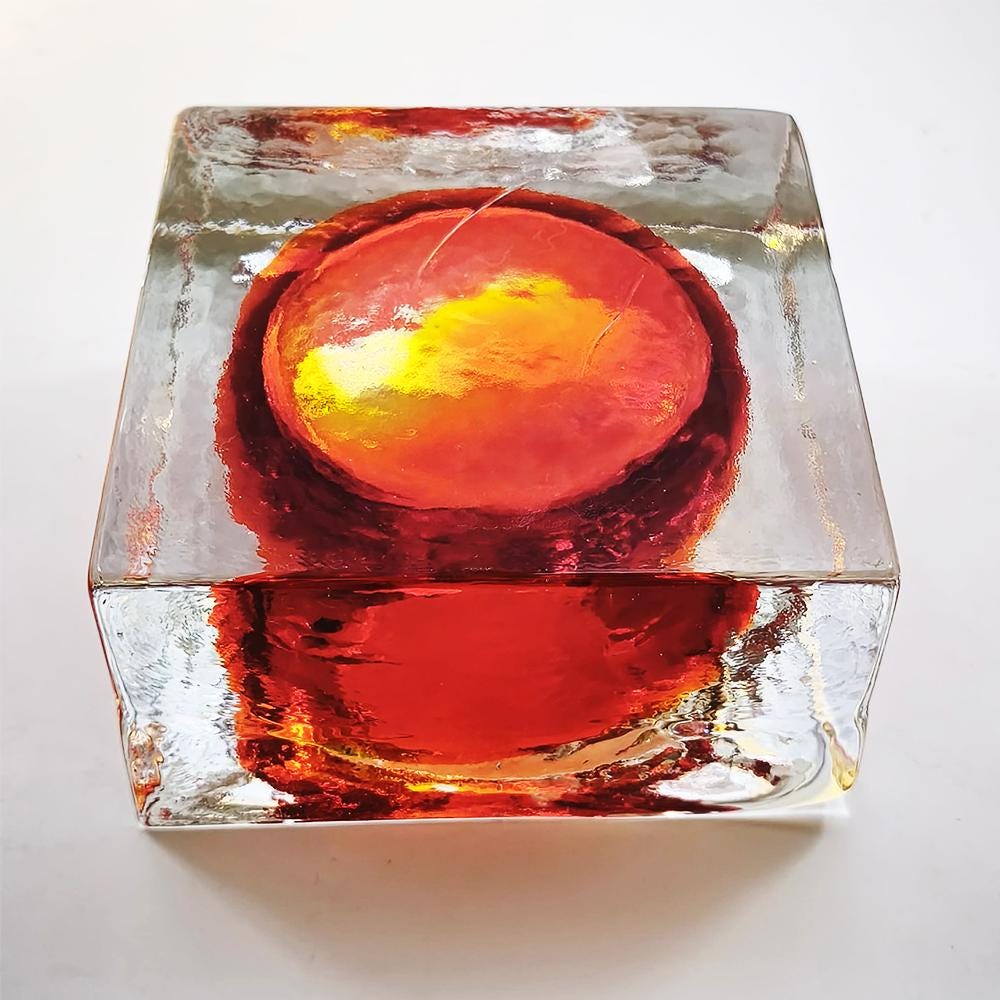 1960s Big Square Ashtray in Uranium Handcrafted Murano Glass by Mandruzzato with ice-cube effect.