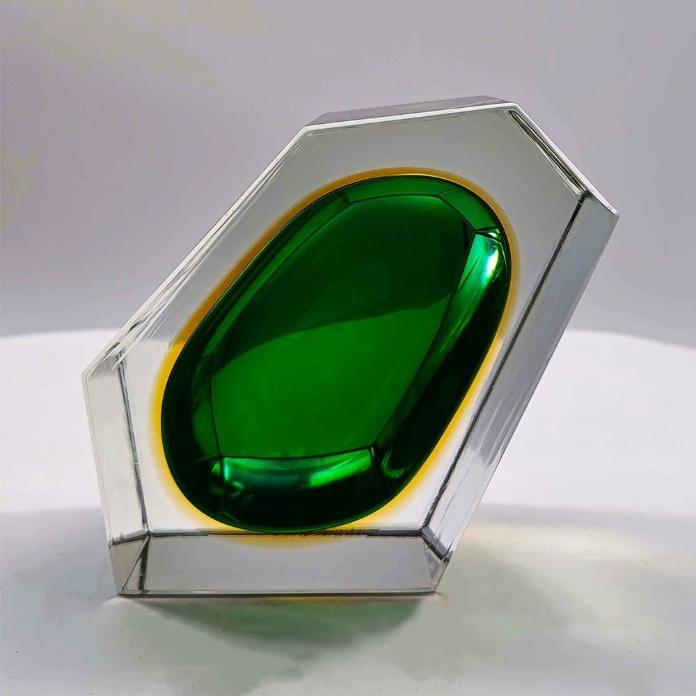 1960s Rare Uranium Multifaceted Asymmetrical Ashtray in Murano Glass by Flavio Poli for Seguso