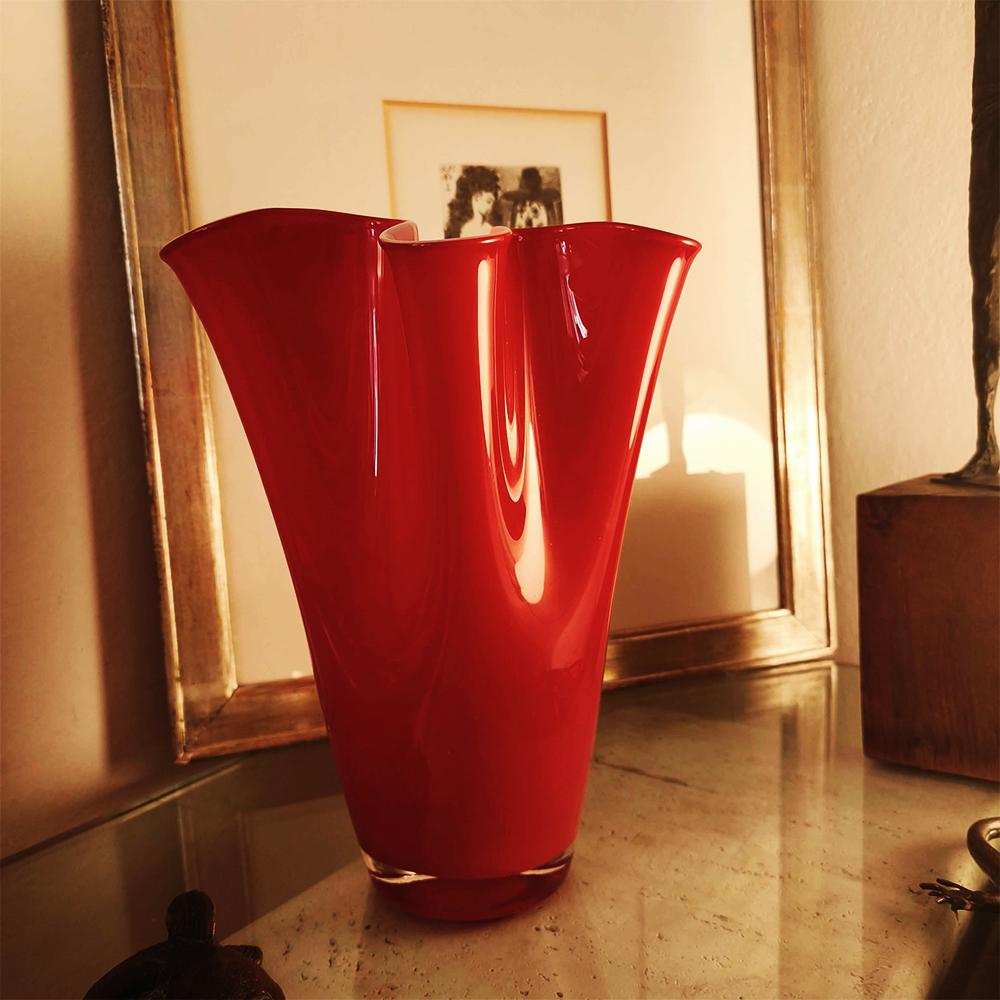 1970s Stunning Big Jacketed Fazzoletto Vase in Murano Glass.