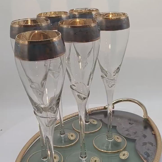 Vintage Stunning Set with 6 Glasses and a Tray in Murano Glass with hand decorated 24K Gold finishes by GN Murano.