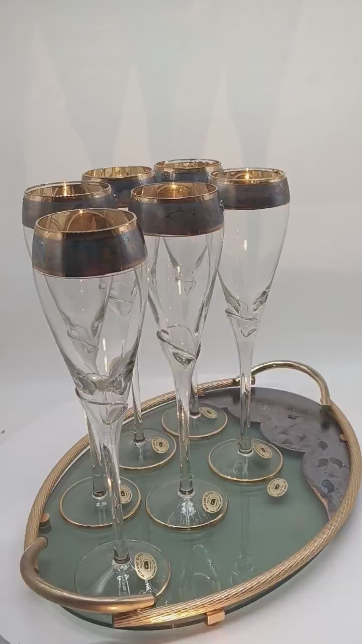 Vintage Stunning Set with 6 Glasses and a Tray in Murano Glass with hand decorated 24K Gold finishes by GN Murano.