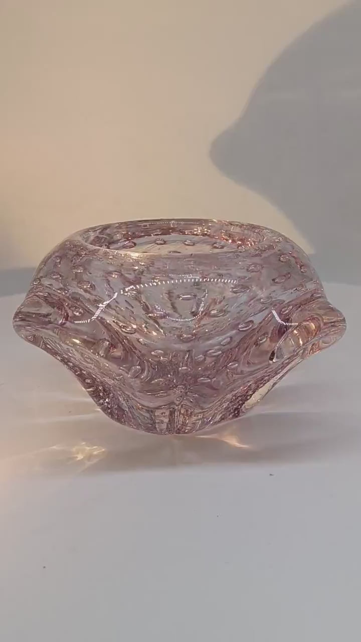 1960s Pink Ashtray or Catch-all in Murano Glass with Air Bubbles.  Made in Italy.