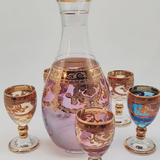 1950s Wonderful Bottle and 5 Glasses in Baroque Venetian Glass with Gold trim. Made in Venice - Italy
