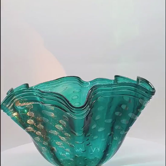 1960s Turquoise Vase / Centerpiece in Hand Worked Murano Glass with Gold colored finishes. - Made in Italy.