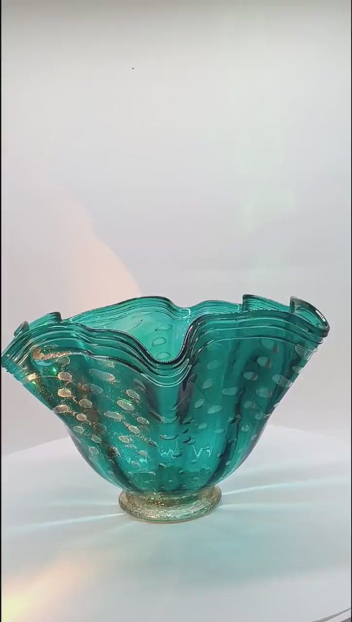 1960s Turquoise Vase / Centerpiece in Hand Worked Murano Glass with Gold colored finishes. - Made in Italy.