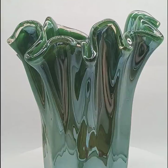 Stunning Glossy Green Jacketed Vase in Hand Worked Murano Glass. Made in Italy.