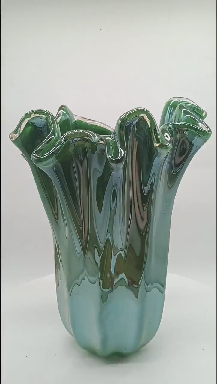 Stunning Glossy Green Jacketed Vase in Hand Worked Murano Glass. Made in Italy.