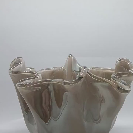 Big Glossy light Bronze Jacketed Fazzoletto Vase in Hand Worked Murano Glass. Made in Italy.
