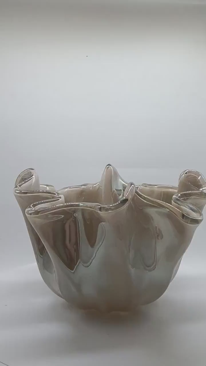 Big Glossy light Bronze Jacketed Fazzoletto Vase in Hand Worked Murano Glass. Made in Italy.